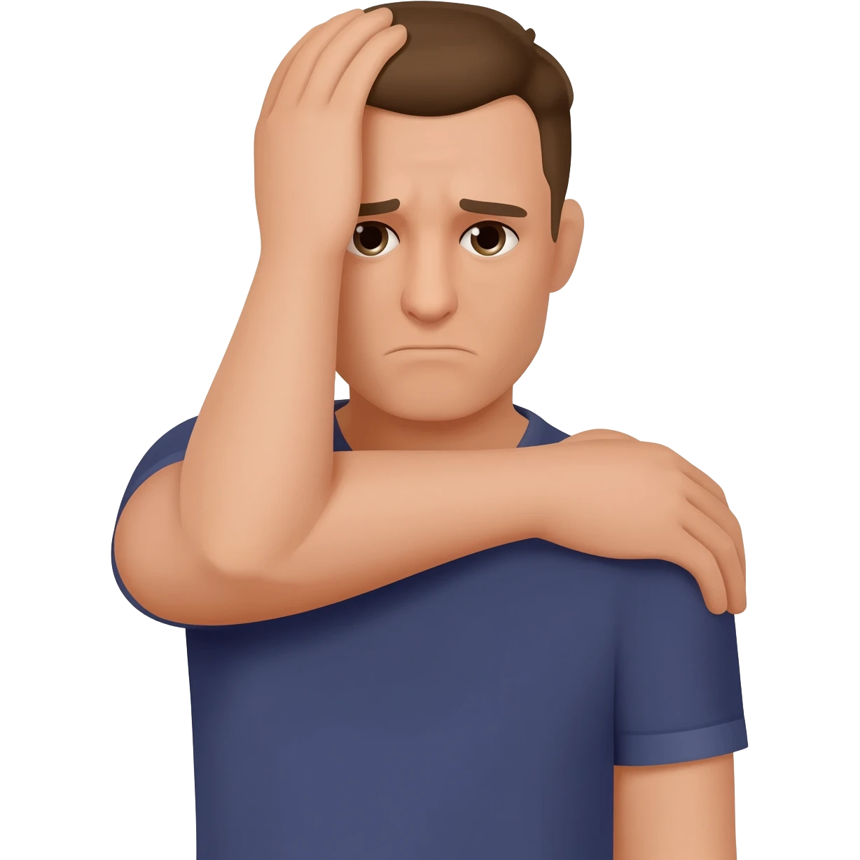 A man who is depressed with his left arm draped over his head so his left hand is touching his right shoulder emoji