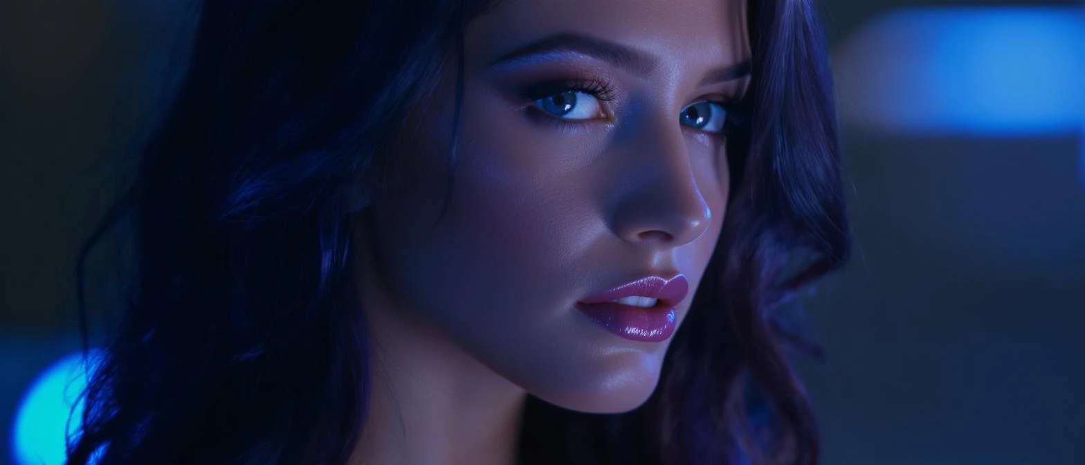 Extreme Closeup photo of a beautifull woman, cinematic light, Blue light ambient light, back light, 8K, very detailed, sharp emoji
