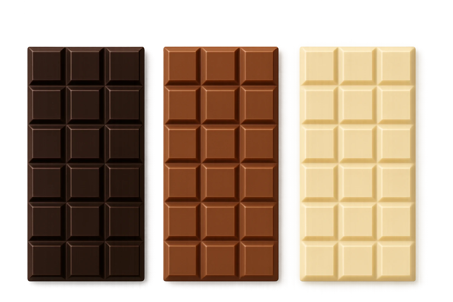 3 BARRETTE DI CIOCCOLATO, UNA FONDENTE, UNA AL LATTE E UNA BIANCA, VISTE DALL'ALTO, IPERREALISTICO 4K emoji