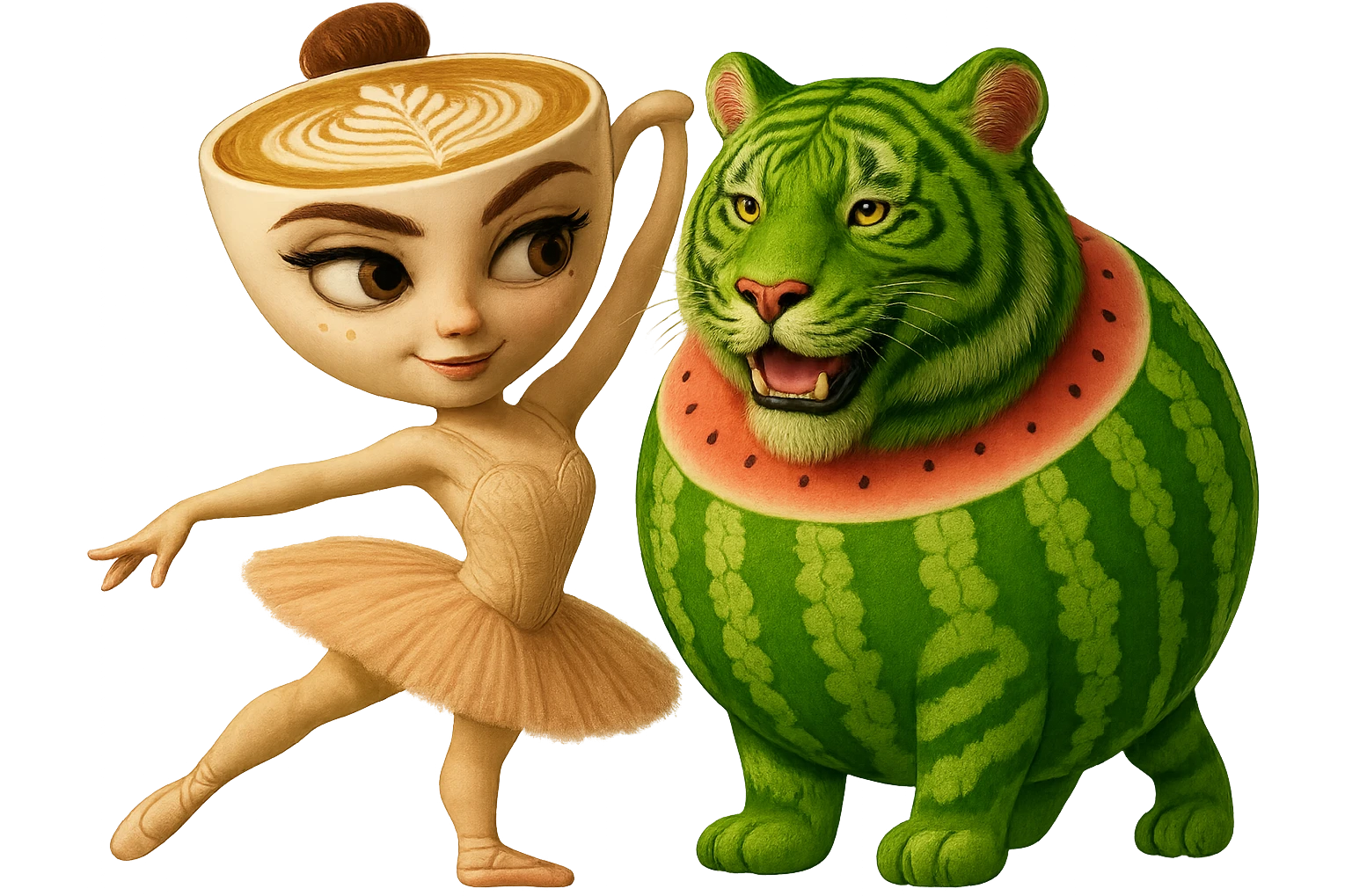Combine the watermelon tiger character and the ballerina cappuccino character together as a couple, standing close and interacting affectionately. Keep their original styles and details intact. Transparent background. emoji