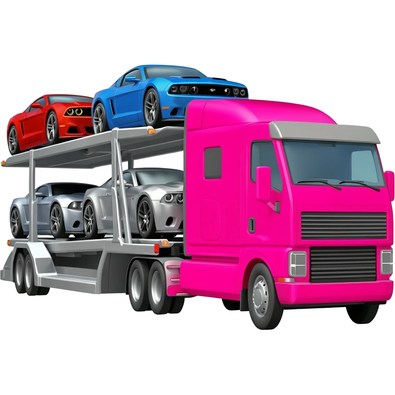 A Car Carrier With a 4 Muscle Cars and a Pink Semi Truck emoji