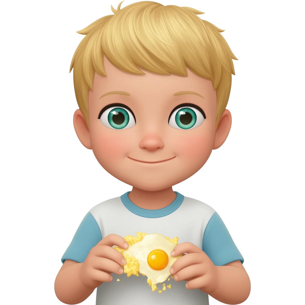 3 year old blonde boy with green-blueish eyes happy eating scrambled eggs for breakfast emoji