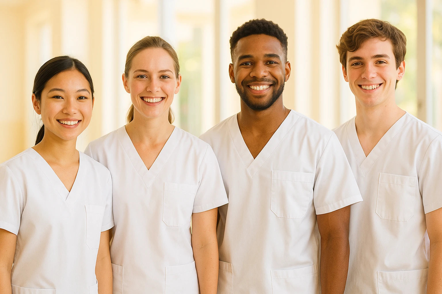four nursing students standing side by side without touching, warm atmosphere, wearing short-sleeved white uniforms, no undershirts or stethoscopes emoji