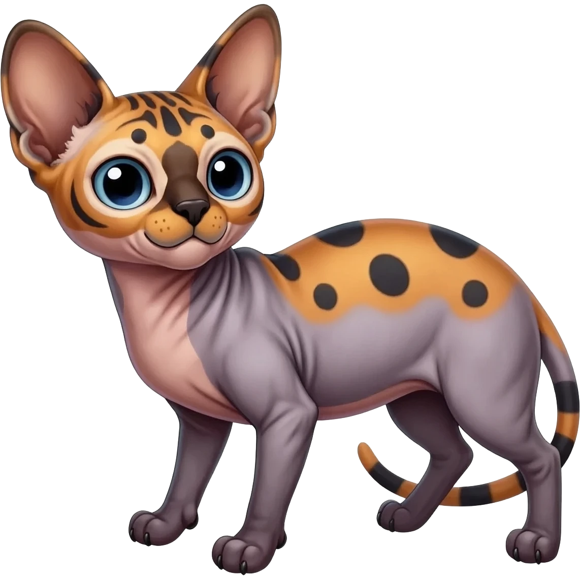 A Colorful  exotic tropical tribal cute happy realistic esoteric patterned fluffy furry dark caracal-Lykoi-bobcat-sphynx-genet-serval-Fakémon-fursona-hybrid-fusion-animal-creature, full body, 4-legged emoji