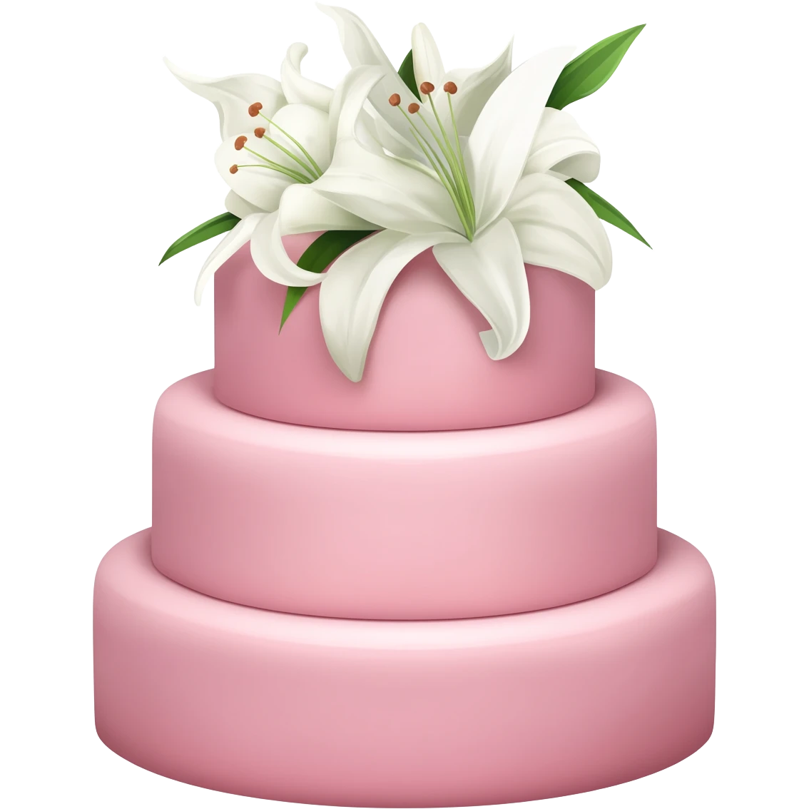 Pastel pink shaped wedding cake with and white lilies on top emoji