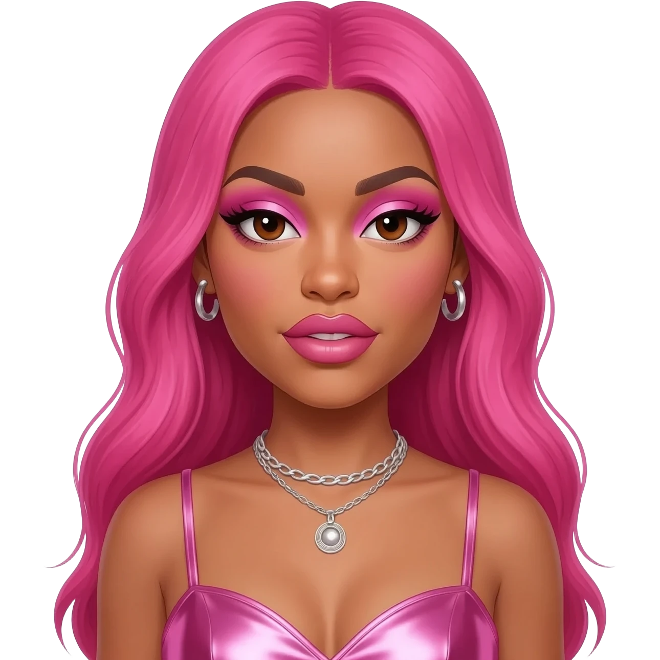 Doja Cat with brown eyes, long hot pink hair, pink eyeshadow and lipstick, pink metallic sweetheart dress, silver necklace and earrings emoji