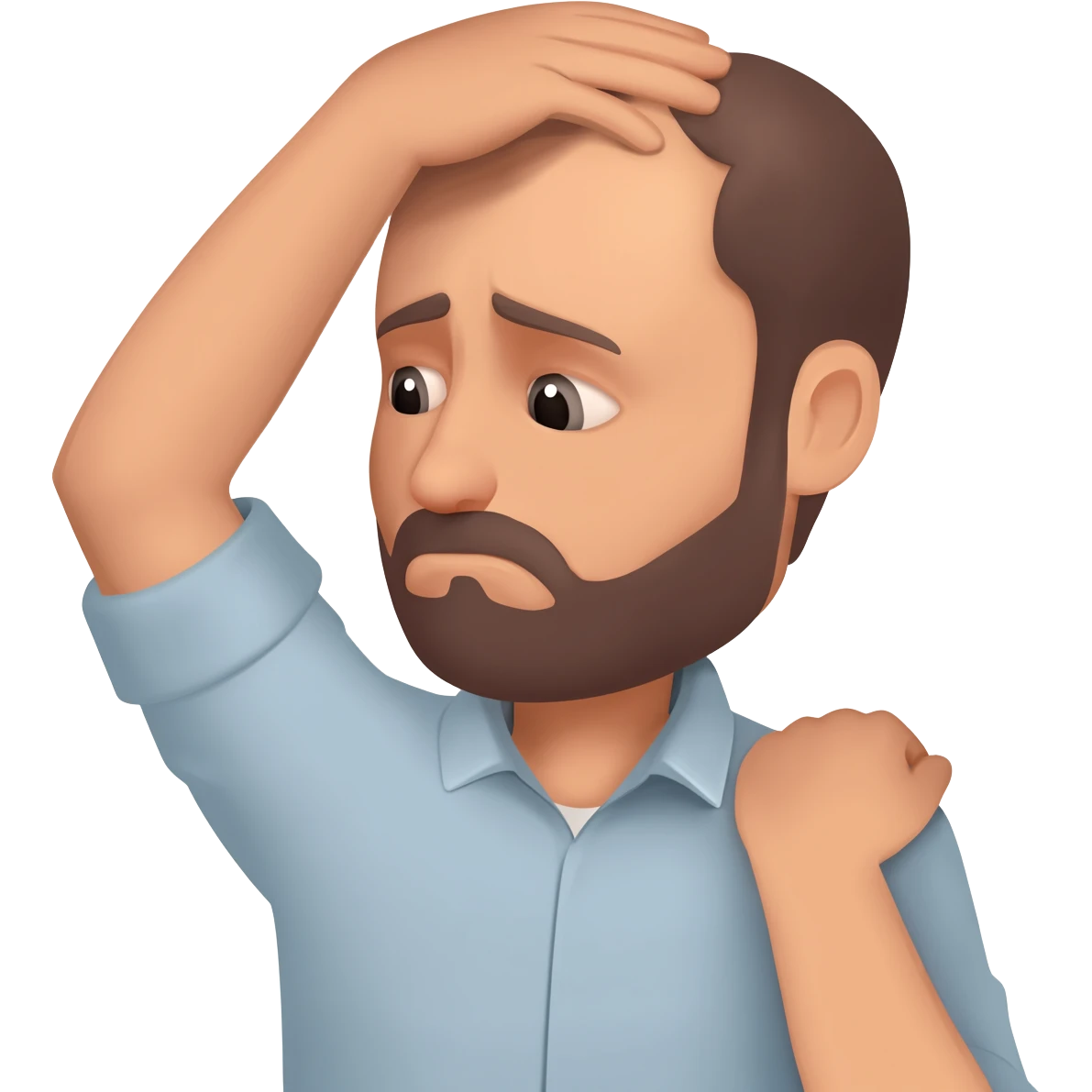 A man who is depressed with his left arm draped over the top of his head so the inside of his left elbow is on the very top of his head where hair grows from and his left hand is touching his right shoulder emoji