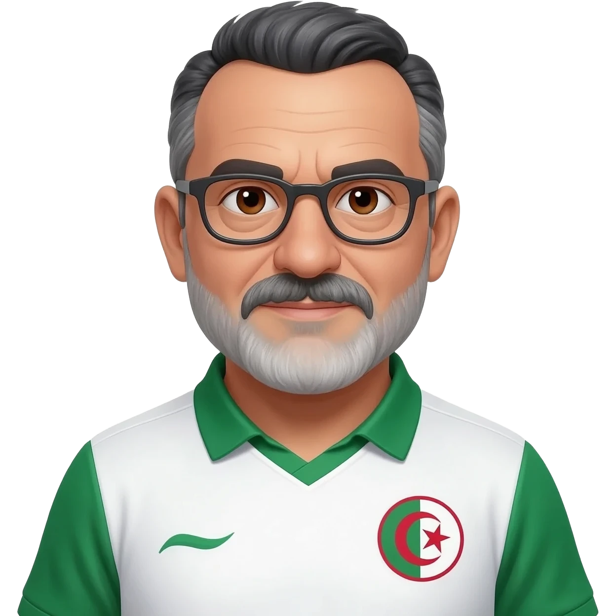 homme algérien un peu corpulent une peau claire à lunettes yeux marrons 67 ans cheveux gris et noirs avec barbe légèrement grisonnant avec maillot blanc et vert foot Algérie emoji