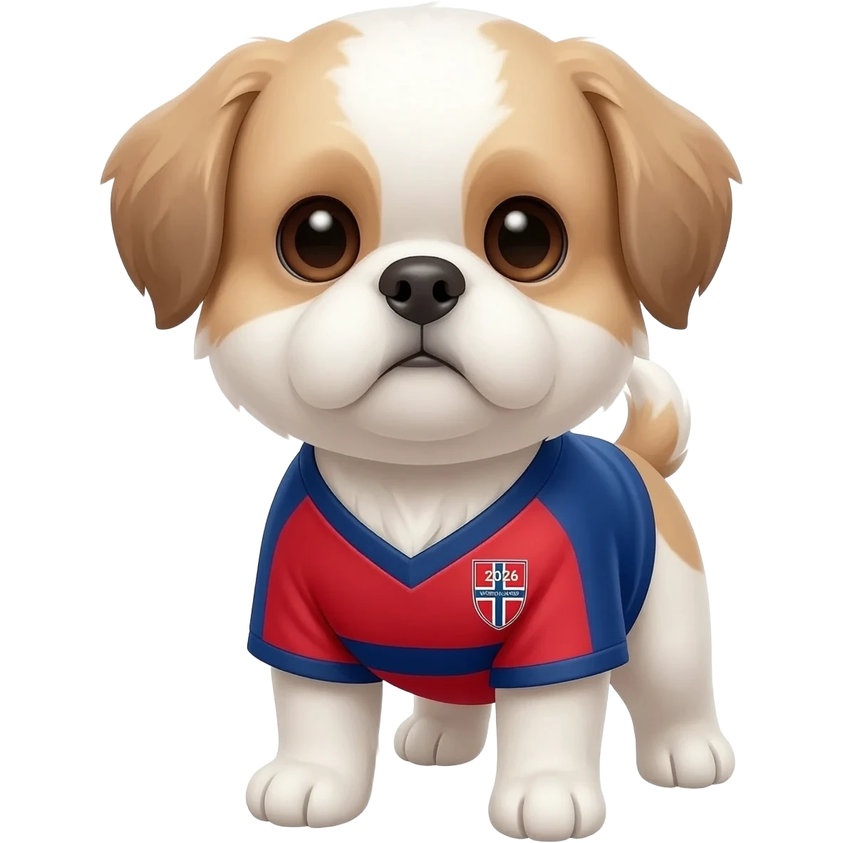 white and light brown shih zhu wearing a Norway soccer jersey v neck 2026 work cup emoji