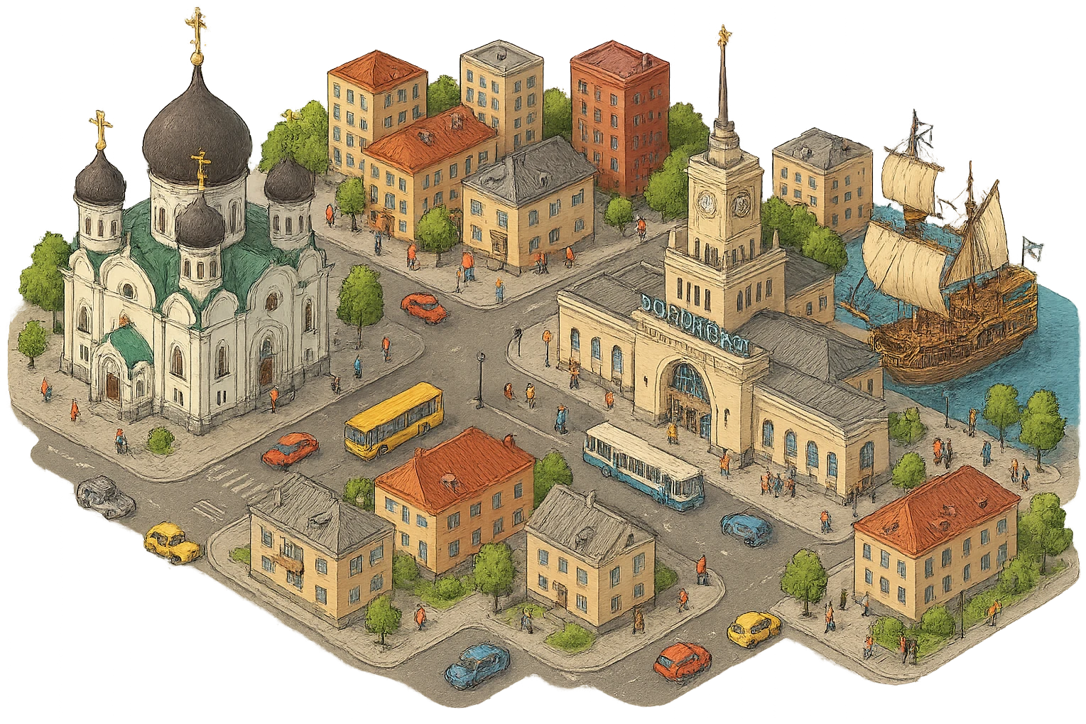 Изометричная чёткая миниатюрная фотореалистичная 3D модель панорамы Воронежа — Благовещенский кафедральный собор Воронежа, Вокзал Воронеж 1, Гото Предестинация, люди, несколько типичных воронежских домов, автотранспорт. Вид сверху в изометрии, яркие цвета, мультяшная рисованная реалистичность, прозрачный фон, компактная композиция, не обрезать края зданий. emoji