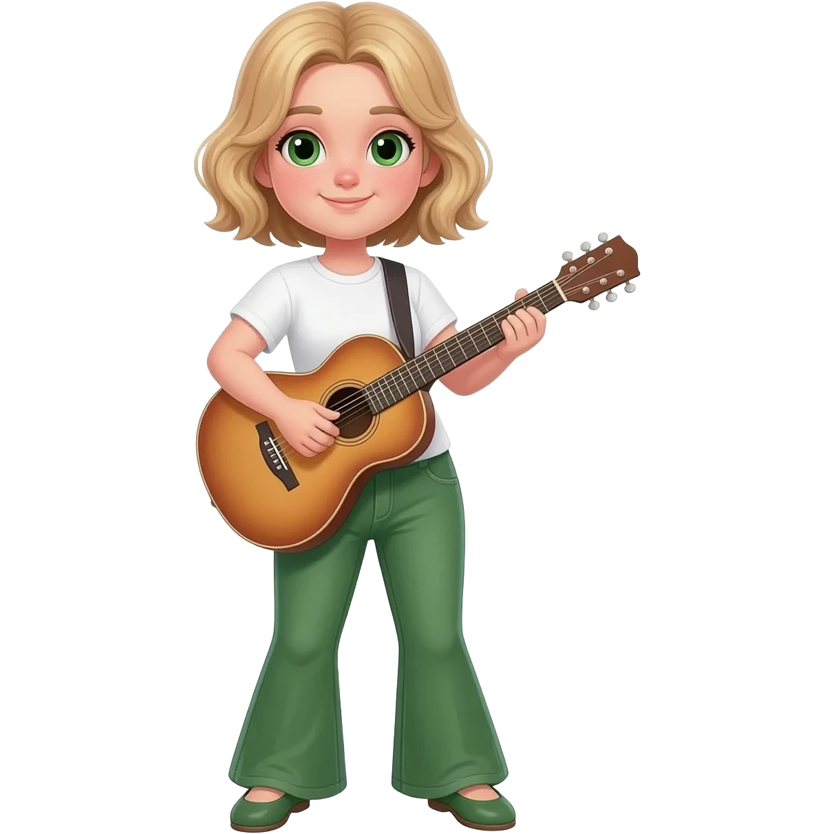 Young white girl with short chin length wavy blonde hair and green eyes.  She is short and chubby.  She is wearing flared green pants, flat shoes and a white T-shirt. She is playing a guitar. emoji