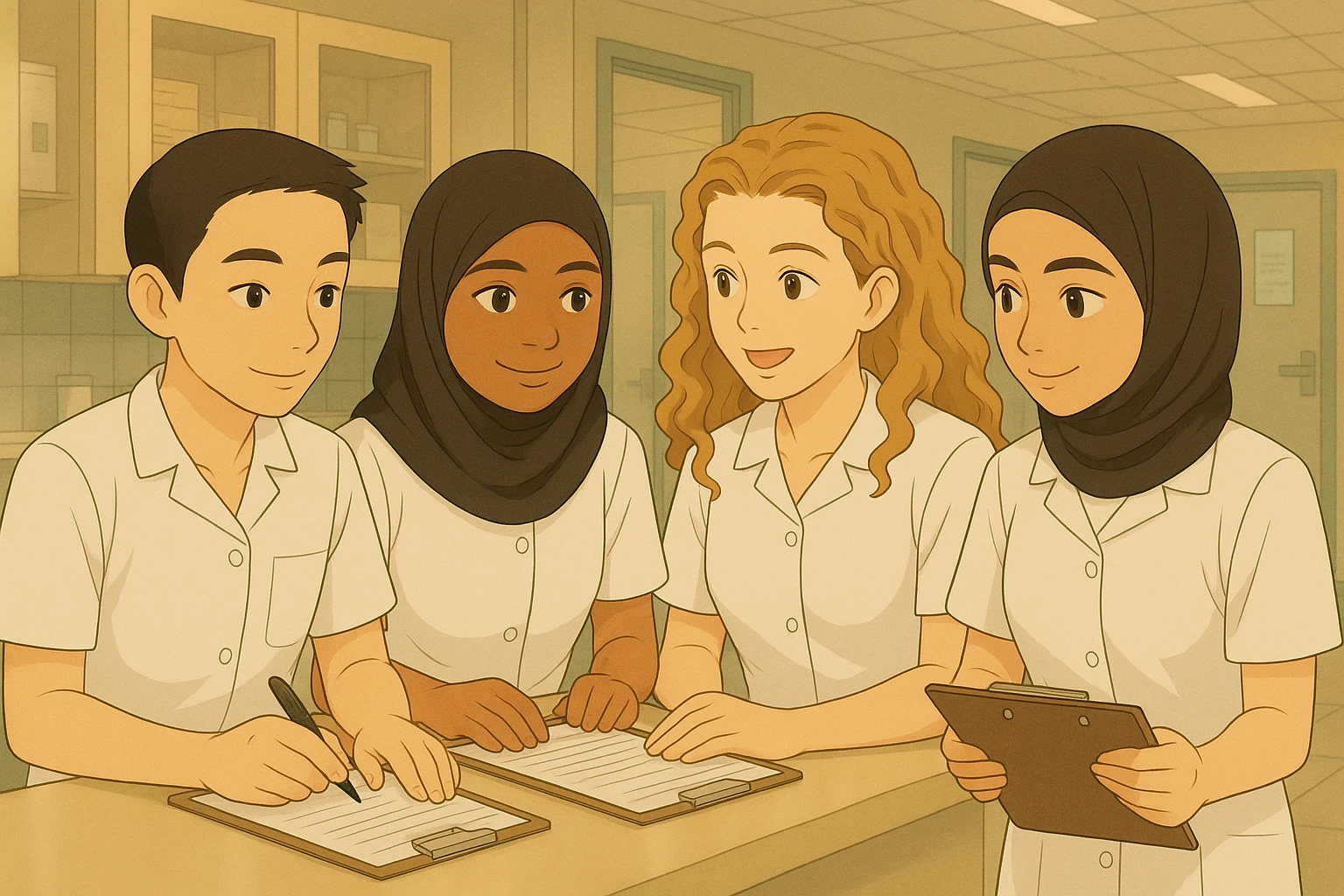 Remove the stethoscopes from the image. Transform the nursing students' outfits into closed white uniforms with short sleeves, without any undershirts. Preserve the faces as much as possible compared to the original image. emoji