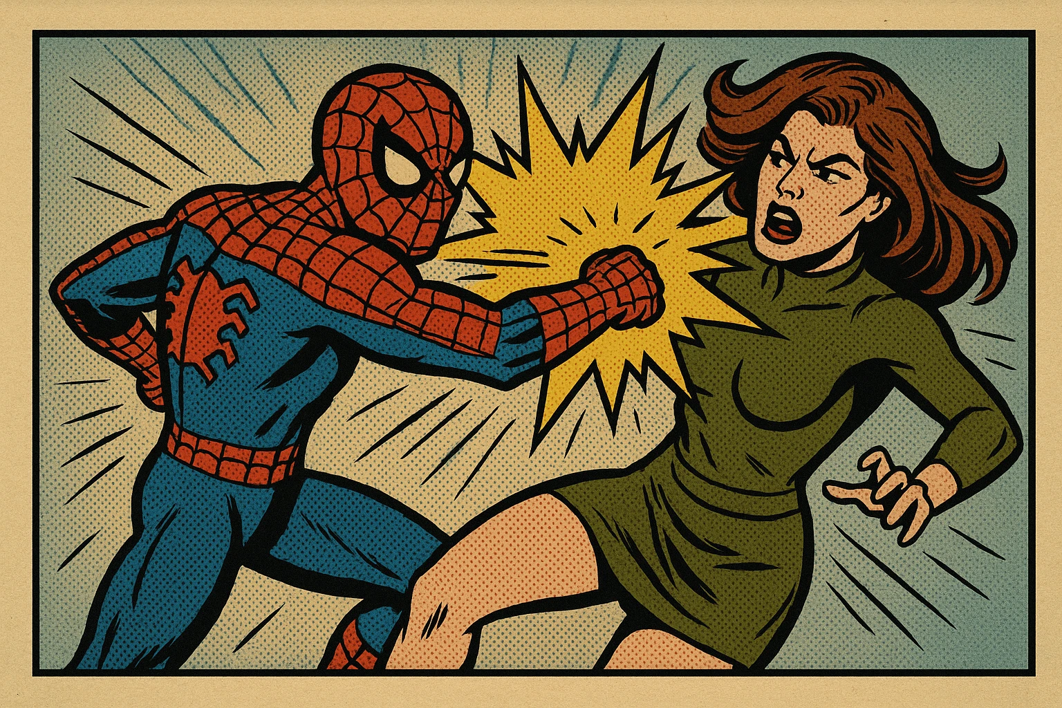 Spiderman fighting a female villain, impact effect, classic comic book style, dynamic action emoji