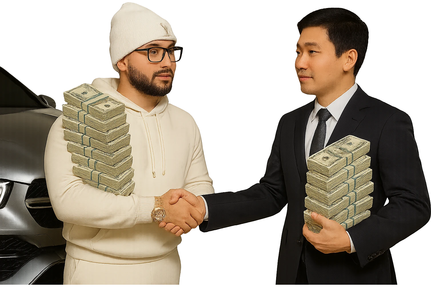 Add an Asian man shaking hands with the main person, both holding realistic money. Keep the car in the background. Maintain the main person's white skin tone, black goatee and facial hair, white hoodie, white sweats, white Louis Vuitton beanie, Cartier glasses. Match the style and pose of the reference image. The style should be realistic and consistent with the original image. emoji