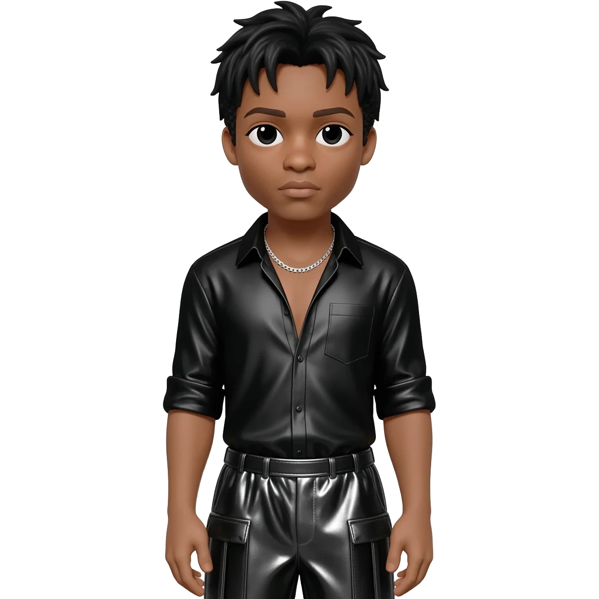 Gerald Levert with black short hair, black metallic shirt, black metallic baggy pants, silver necklace emoji