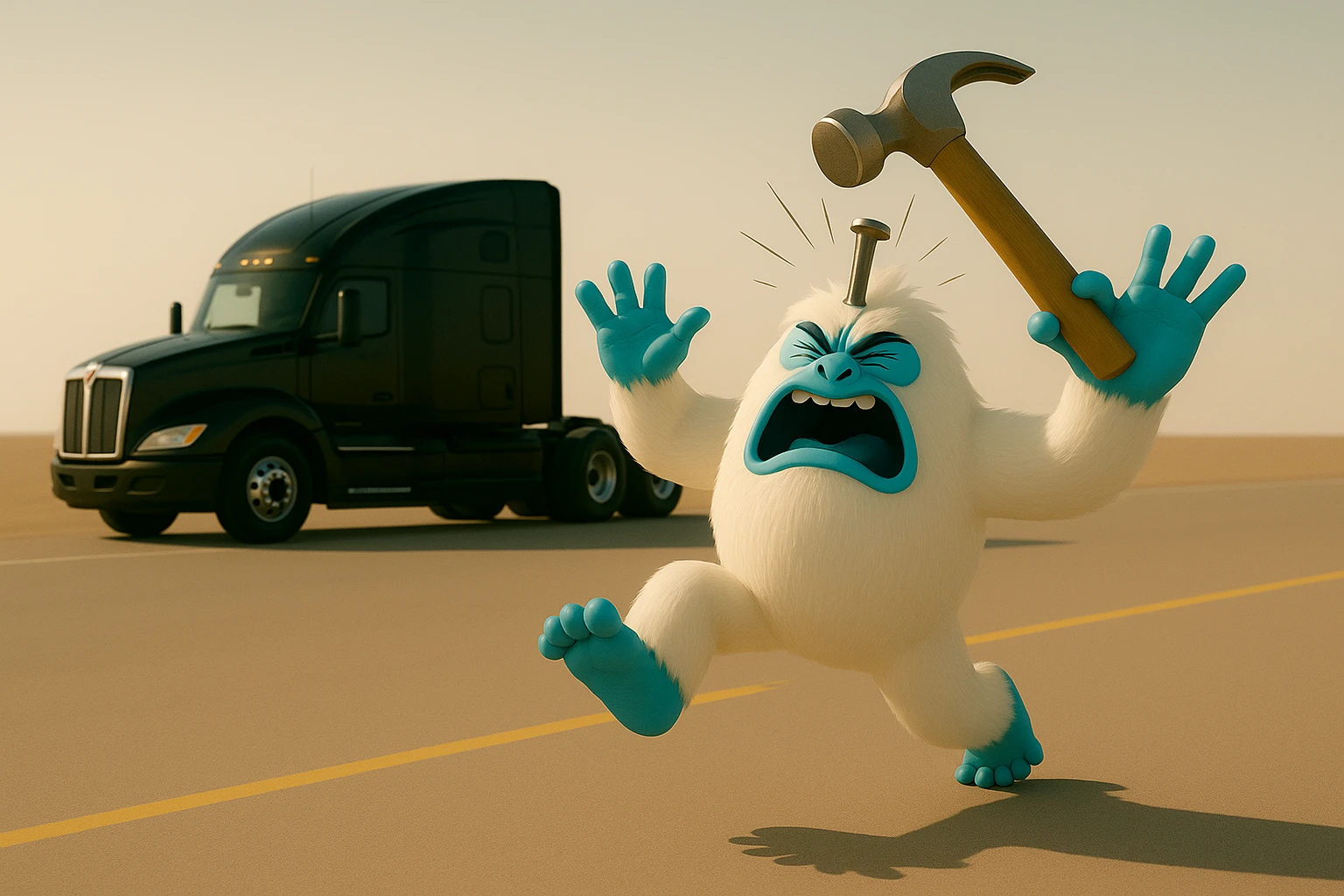 Change to a side view: show the black 2026 Kenworth W680 flat top semi sleeper far behind the abominable snowman, hammer actively hitting the snowman, light and realistic style, no text. emoji