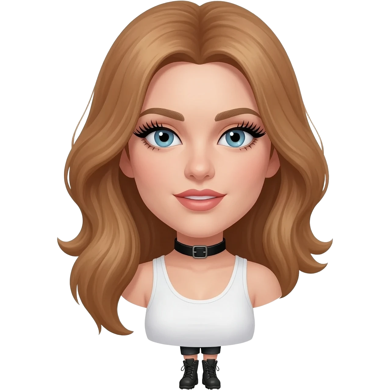 Blondish brown hair just passed my shoulders, parked on the side, a little past my shoulders length, hazel blue eyes, eyelash extensions, like to look pretty and make up, put my face as maleficent and the collar and wearing hiking boots, black, short shorts, and white tank top emoji