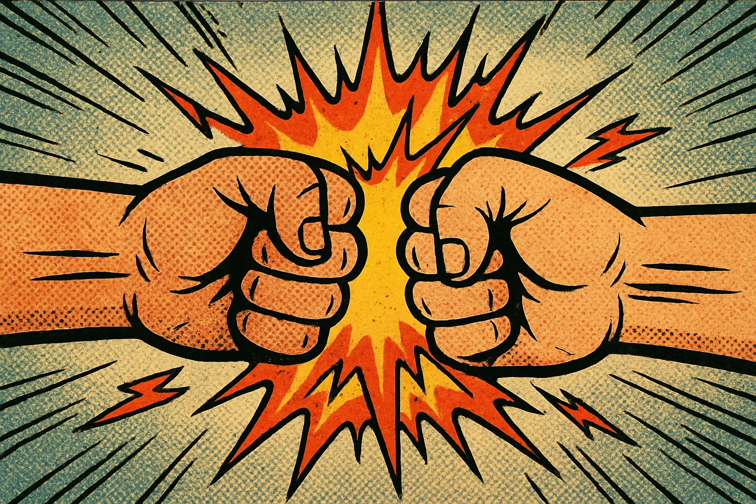 two fists colliding in a dramatic impact, vibrant comic book style, dynamic action, energy sparks emoji