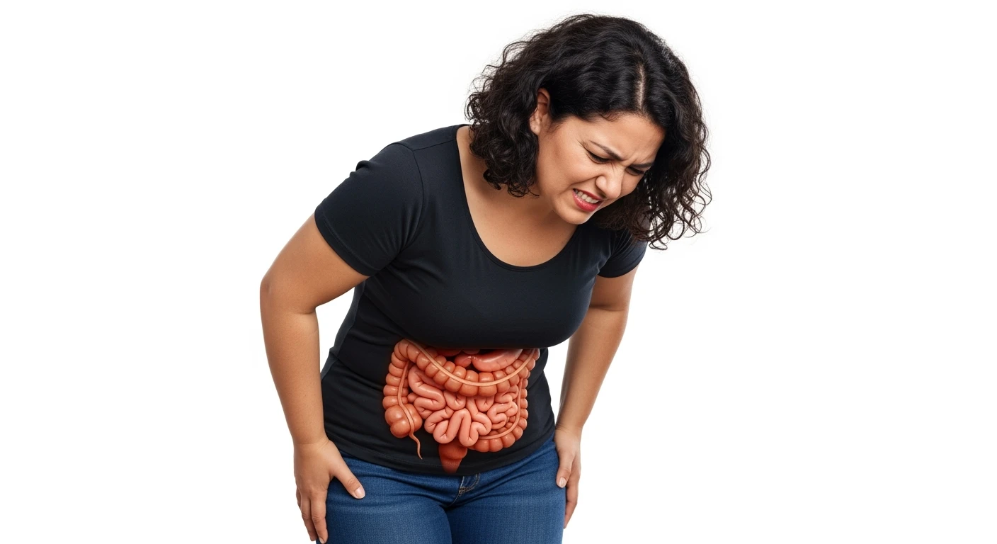 DONNA LEGGERMENTE SOVRAPPESO PIEGATA IN AVANTI FRONTALMENTE CON INTESTINO ANATOMICO IN EVIDENZA, MAL DI PANCIA iperrealistico 4k, ISOLATA SU SFONDO BIANCO emoji
