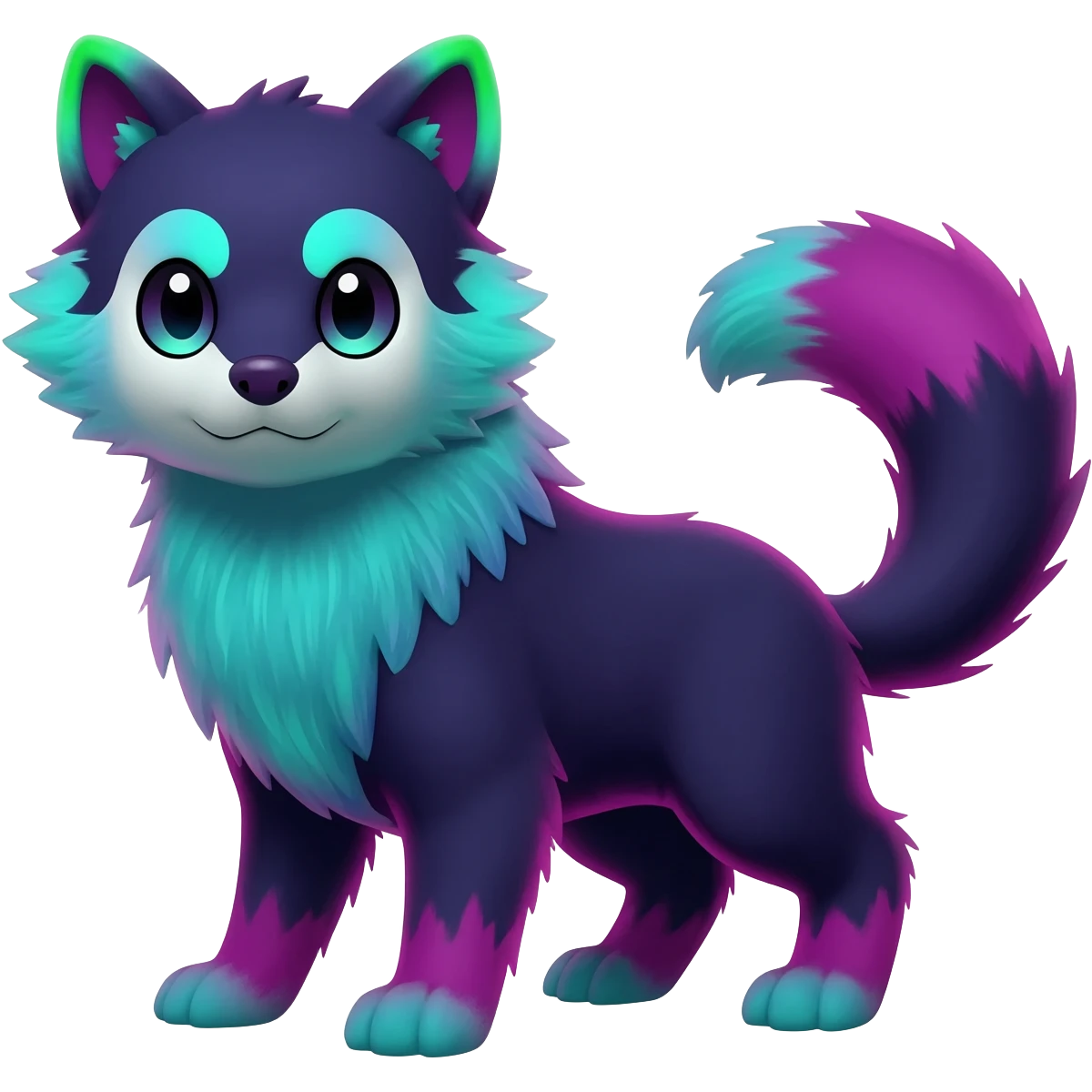 Colorful bioluminescent dark abysmal abyssal neon-glowing Trico-Sergal-Furret-Ferret-Wolverine-Vernid-furry-fursona-fusion-Fakemon-animal-hybrid-creature, full body emoji