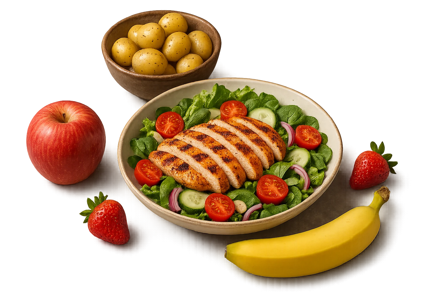 insalate con petto di pollo grigliato e bowl di patate cotte poggiate per terra e frutta fresca, iperrealistico 4k emoji