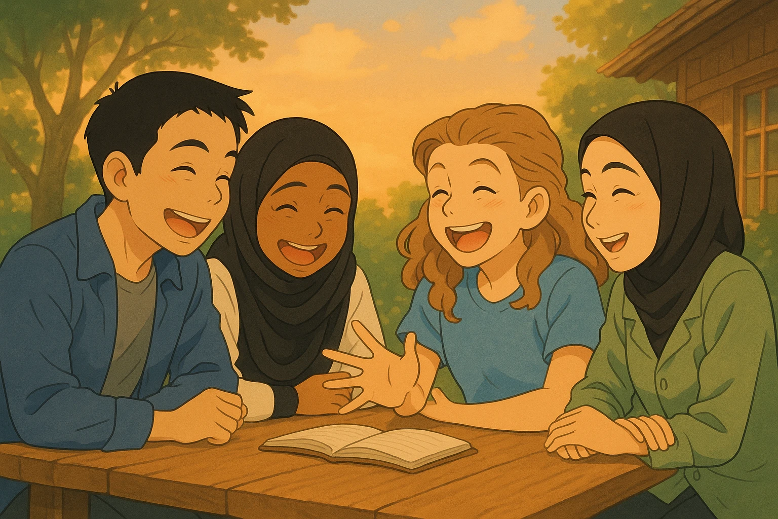 Les personnages rient ensemble dans une ambiance joyeuse, style ghibli, avec un arrière-plan naturel, même composition que l'image de référence. emoji