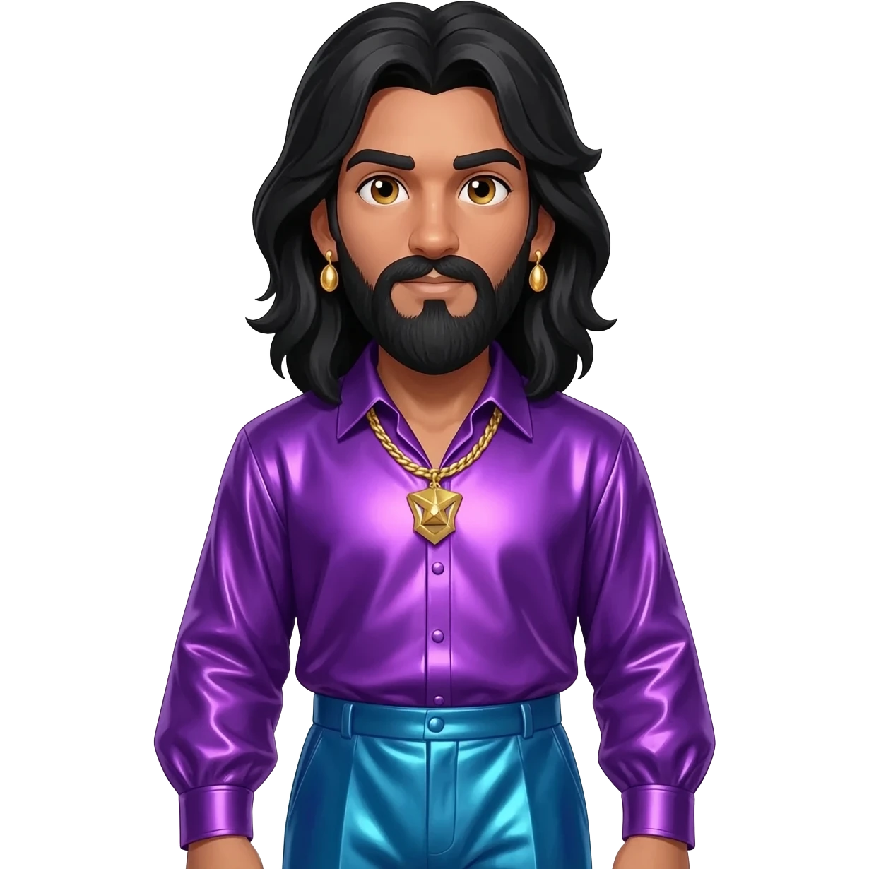 King Solomon with hazel eyes, long black hair, royal purple metallic shirt, blue metallic baggy pants, gold necklace and earrings emoji