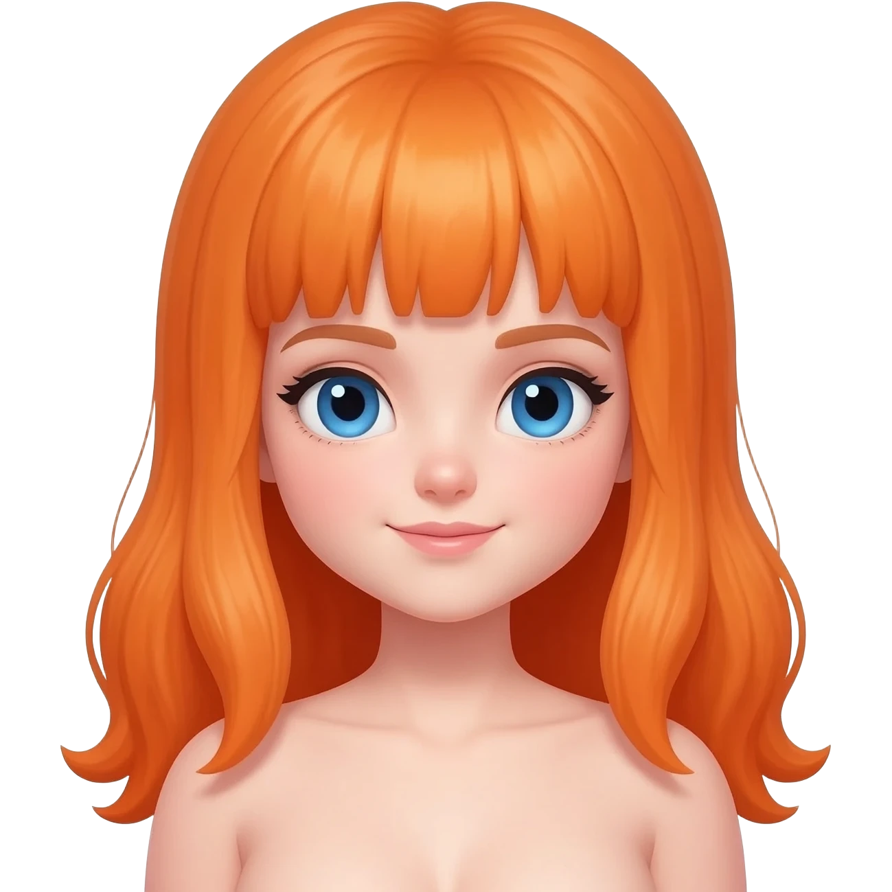 Nacktes mädchen mit orange haaren, blauen augen und nackten brüsten ultra hübsches und niedliches gesicht emoji