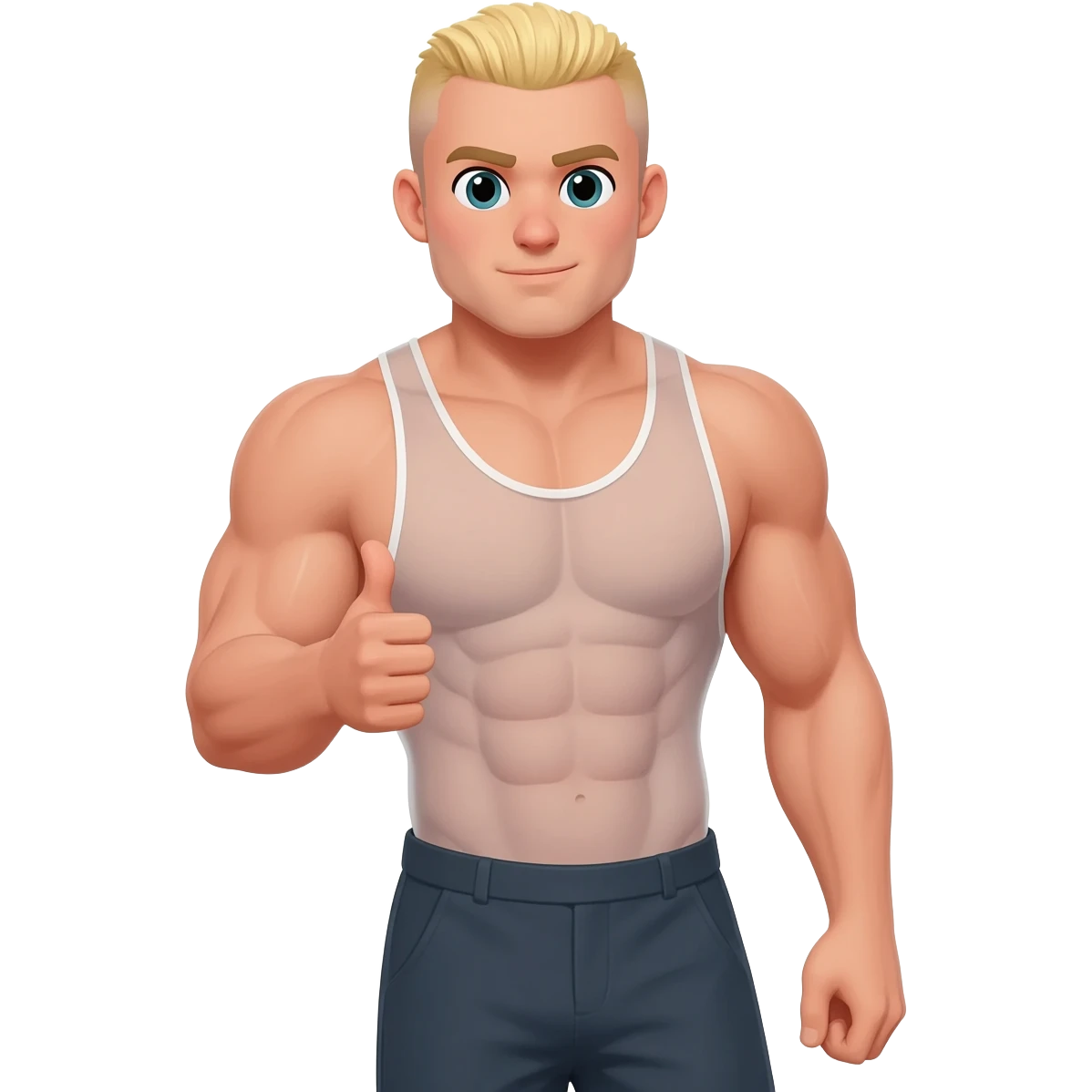 Musclebound, noticeably thinner, waste, and legs,mighty mouse with a blonde crew, cut hair cut, giving a thumbs up with a smirk on his face, with a very, very noticeable bulge where his penis is. Wearing long pants and a see through tank top emoji