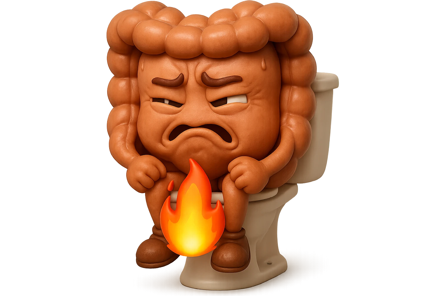 SU QUESTO STILE FAI UN EMOJI STILE IPHONE 3D DI UN INTESTINO CHE sta seduto sul wc e dal wc in mezzo alle sue gambe esce una fiamma stile emoji iphone, FAGLI UN ESPRESSIONE di dolore mentre si sforza E FALLO MOLTO REALISTICO IN 3D emoji