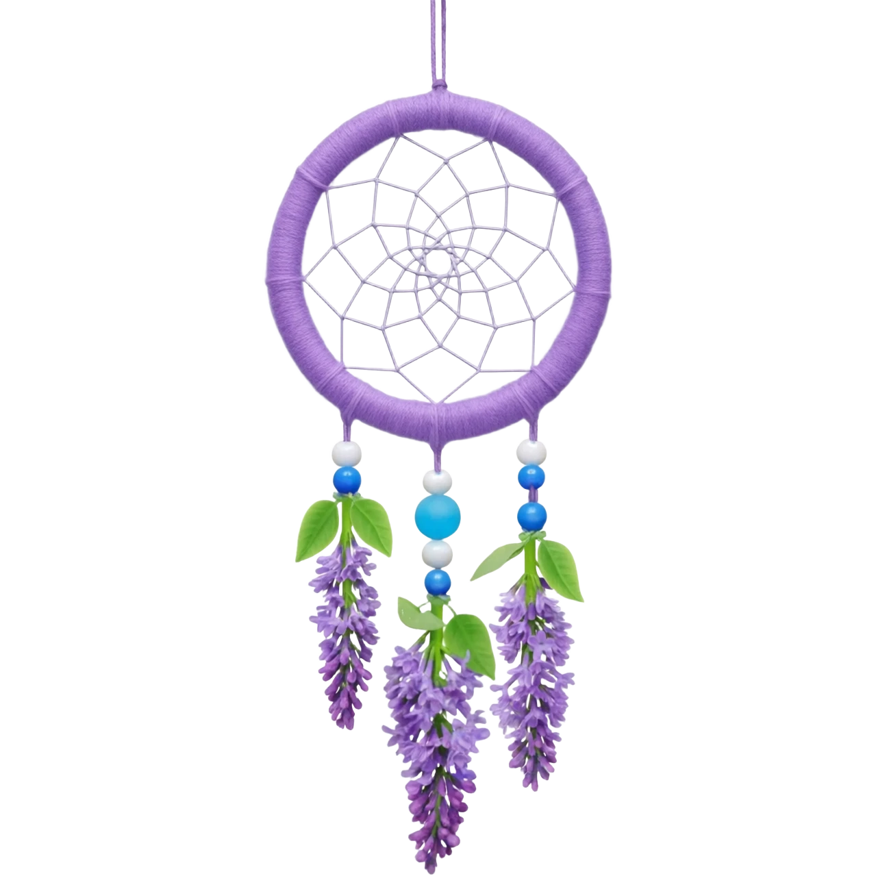 Lavender lilac pastel purple dreamcatcher-suncatcher with lavender flowers and lilac flowers attached, blue beads, and white beads, green leaves emoji