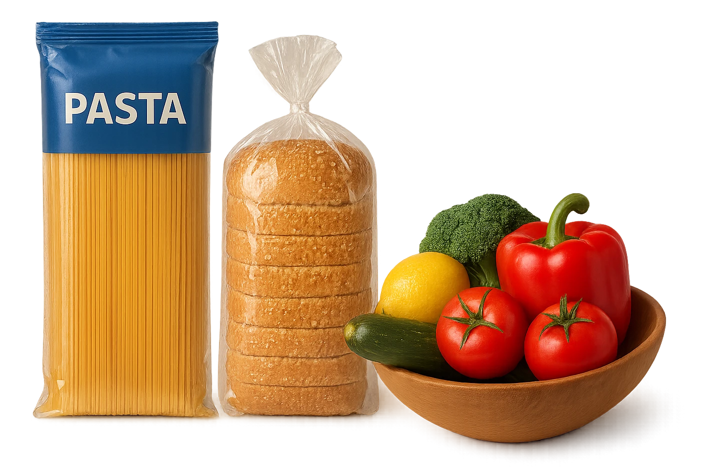 pacco di pasta realistico, pacco di pane, bowl di frutta e verdura, 4k emoji