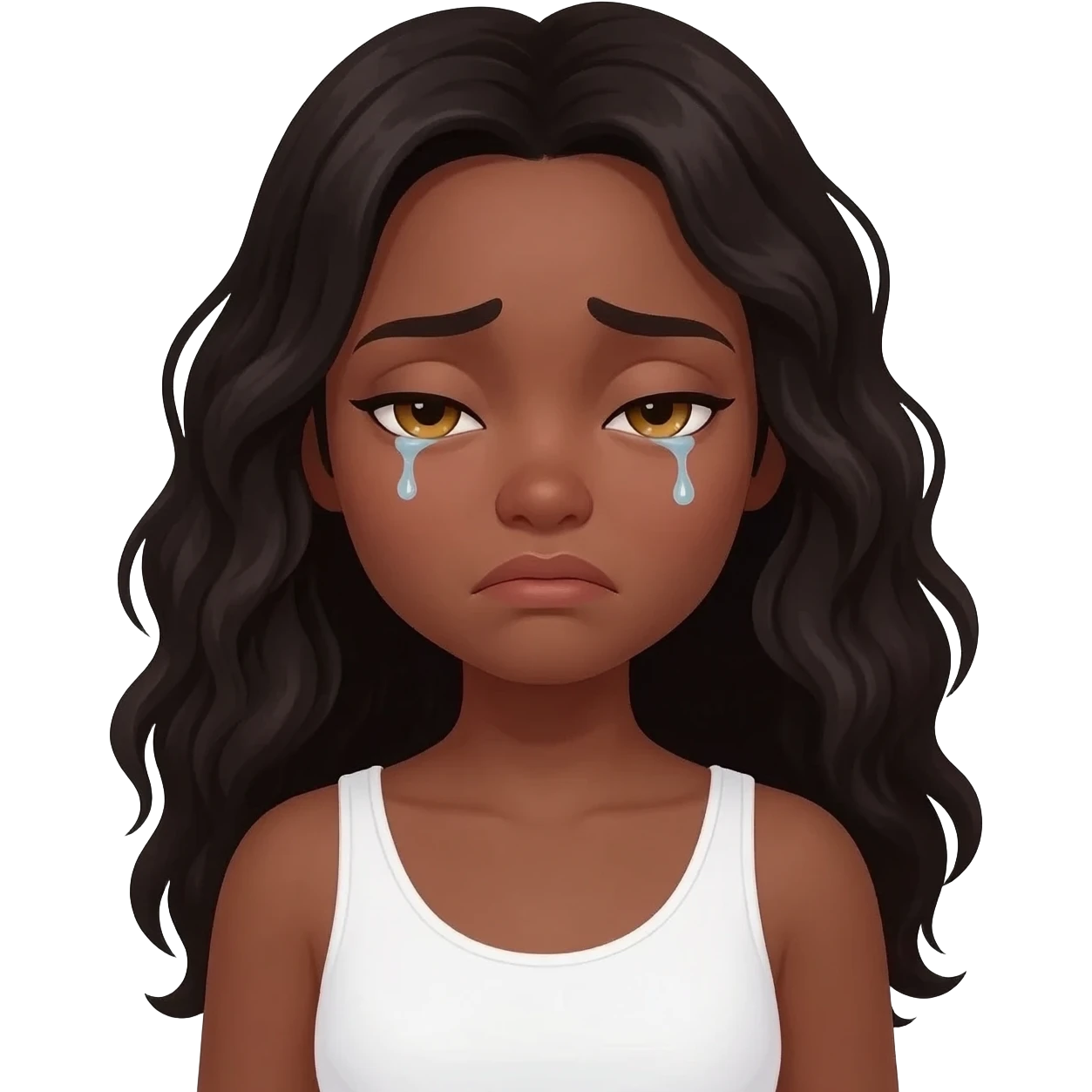She has brown skin, long wavy black hair, and golden-brown eyes.She has a very sad expression crying with downcast eyes and a slight frown. Image  Both images must strictly follow the 3D Apple Memoji / iOS emoji aesthetic from the reference: soft lighting, clean 3D rendering, white tank top emoji