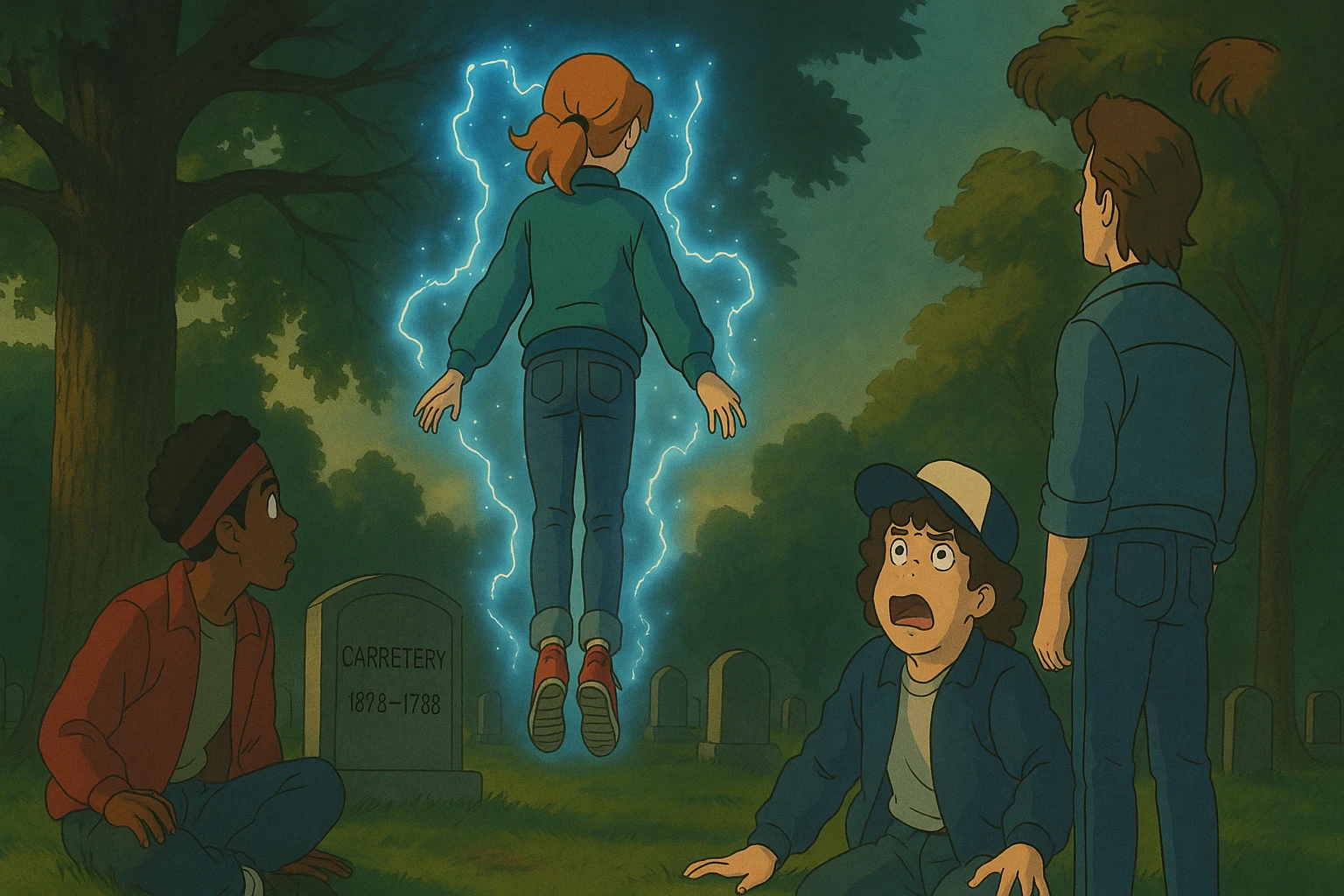 Max from Stranger Things levitating above a grave in a cemetery, back view, Lucas and Steve watching, Dustin with a shocked and scared expression, Ghibli style, wide aspect ratio (16:9), supernatural glowing effects, dramatic mood. emoji