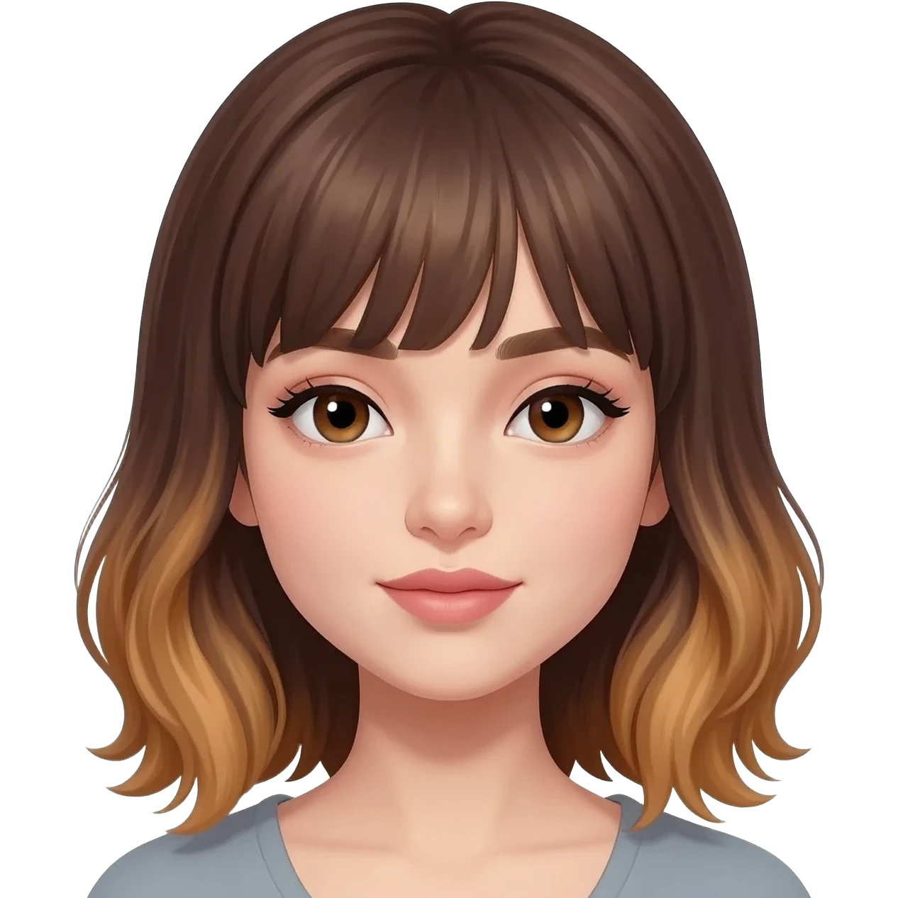 Young woman with soft feminine features and an oval face. Light-brown eyes with subtle eyeliner and lashes, and medium-thick eyebrows. Medium-length layered hair with soft waves and curtain bangs, medium brown with caramel highlights at the ends. emoji