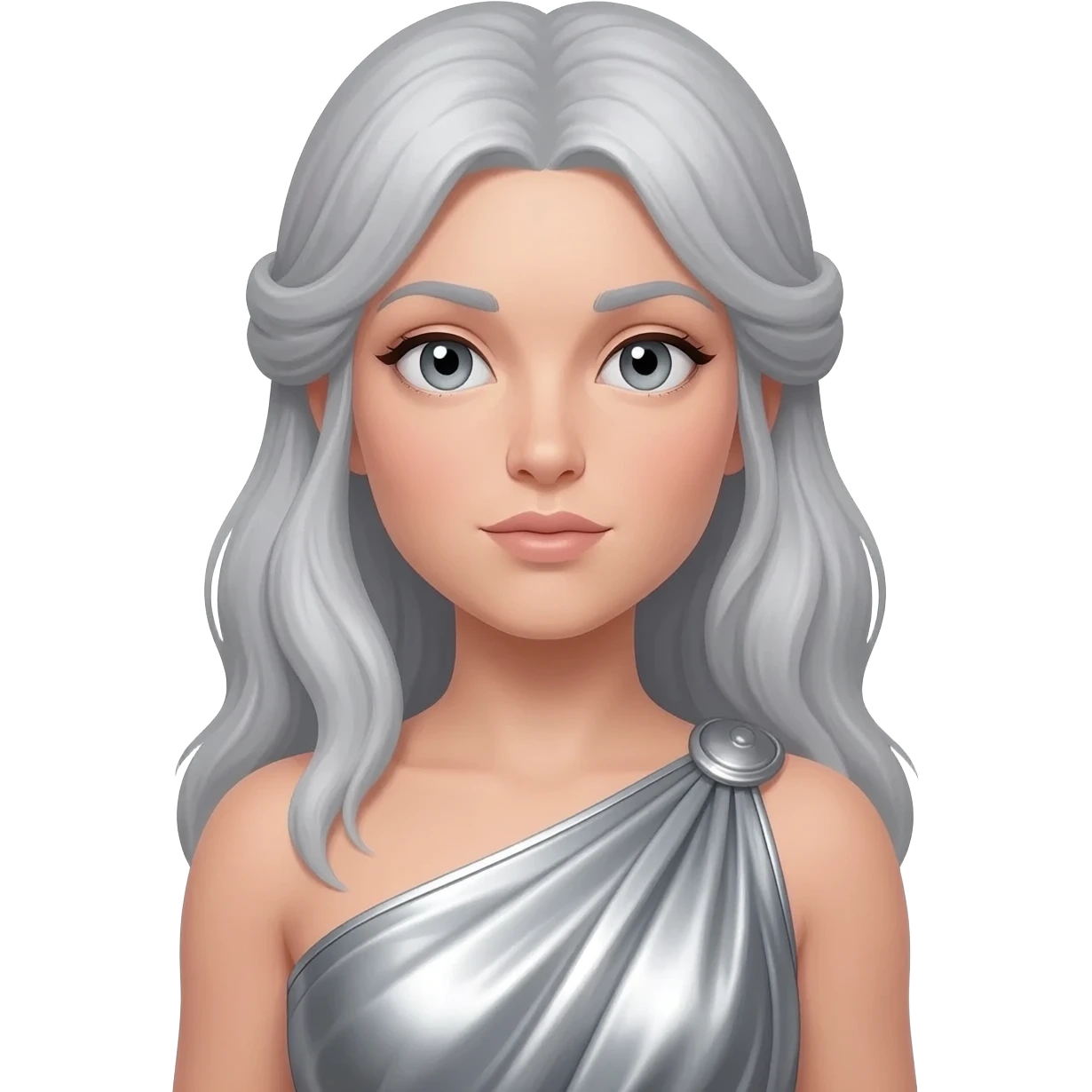Artemis from Greek Mythology with grey eyes, long silver hair, silver metallic peplos emoji