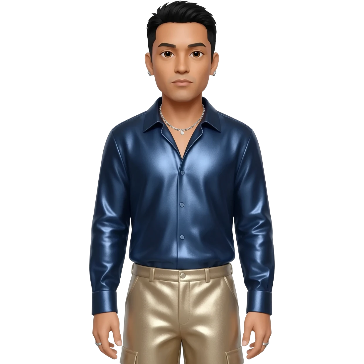 Chino Moreno with black hair, navy blue metallic shirt, beige metallic baggy pants, silver necklace emoji