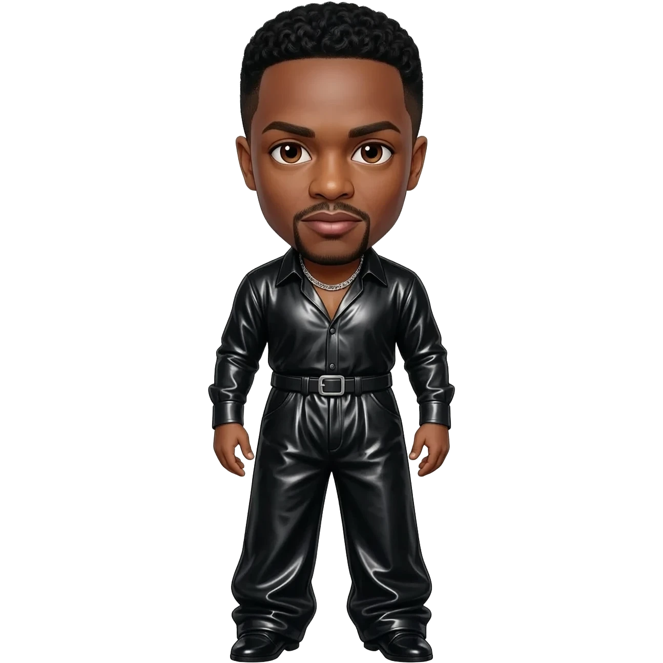 El DeBarge with brown eyes, black hair, black metallic shirt, black metallic baggy dress pants, silver necklace emoji