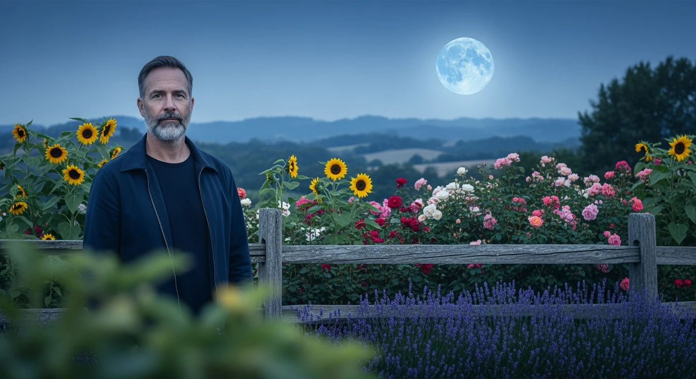 A portrait of a white person in the foreground, blurred plants in the foreground, a wooden fence and colorfull flowers in the midground, rolling hills in the background, cinematic depth of field, layered composition, moon back light (Blue night) emoji