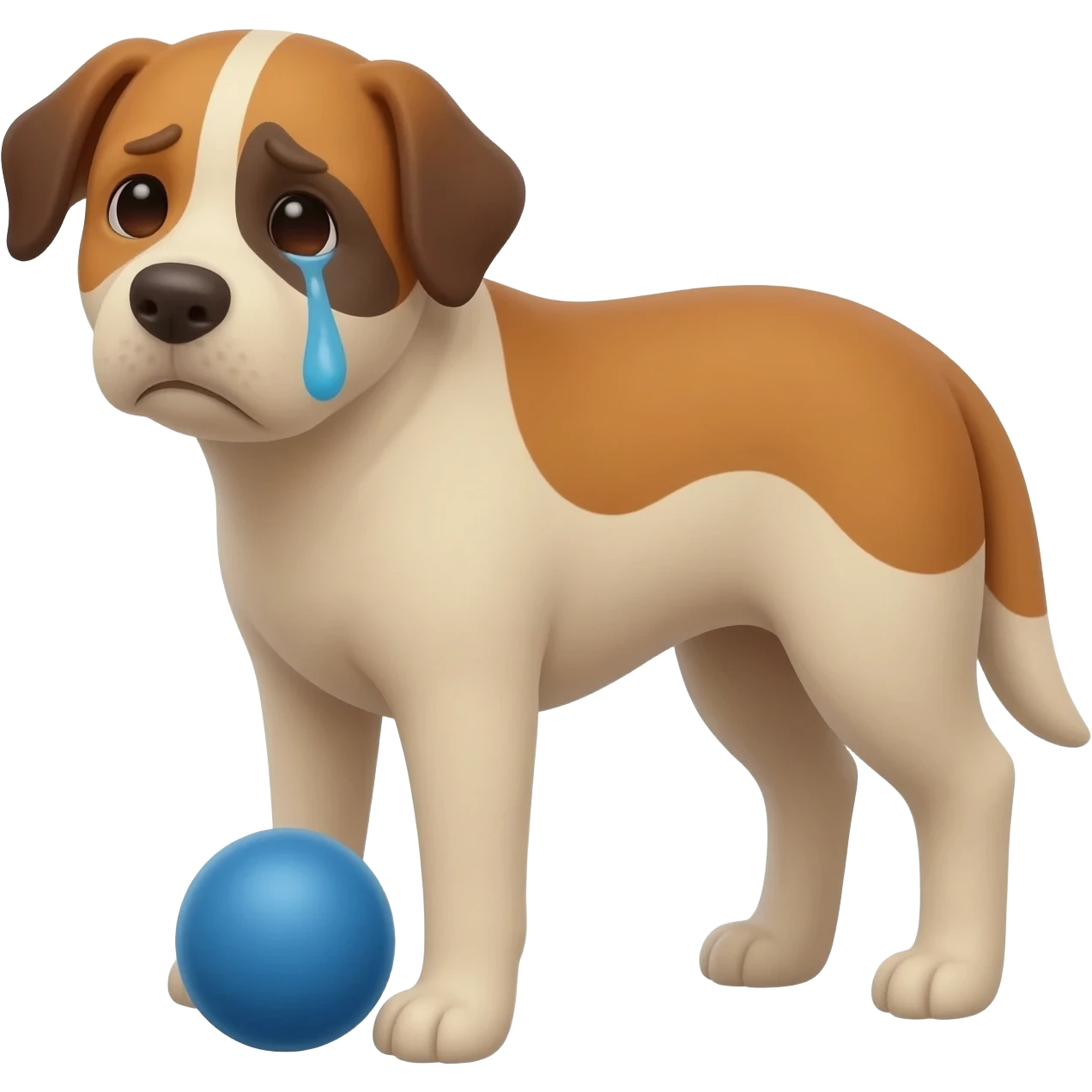 A sad dog sits next to a ball emoji