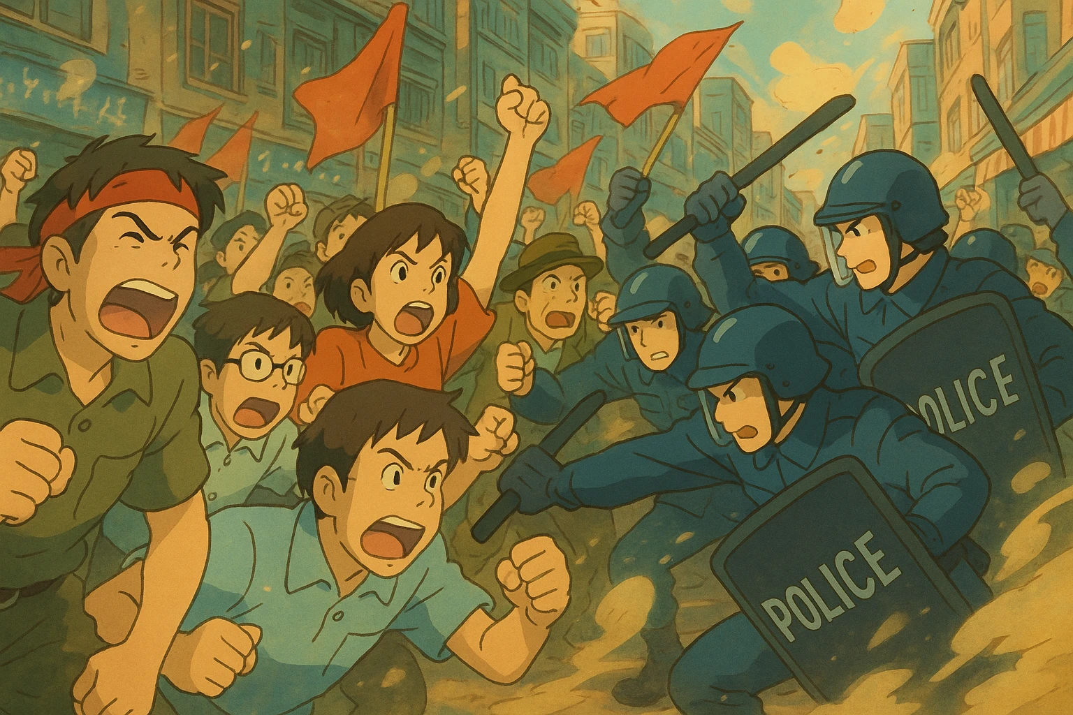riot, dynamic movement, stylized, ghibli-inspired emoji