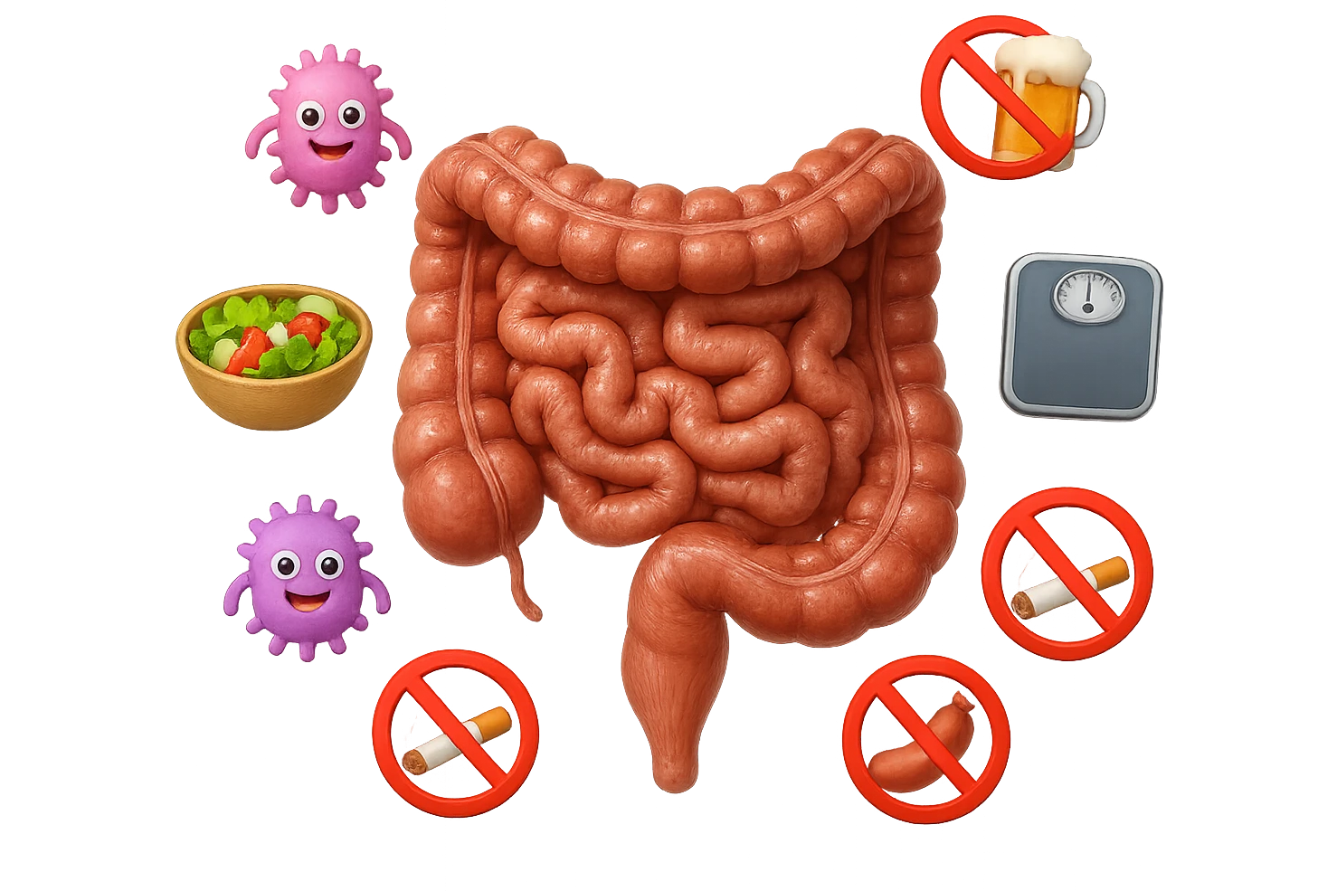 intestino umano anatomico realistico al centro, intorno al quale ruotano emoji stile iphone di: due batteri intestinali felici, una bowl di insalata, una bilancia pesapersone, manubri da palestra, e un boccale di birra con divieto 3d sopra, una sigaretta con divieto 3d sopra e un wurstel con divieto 3d sopra, fluttuano in aria, iperrealistico 4k emoji