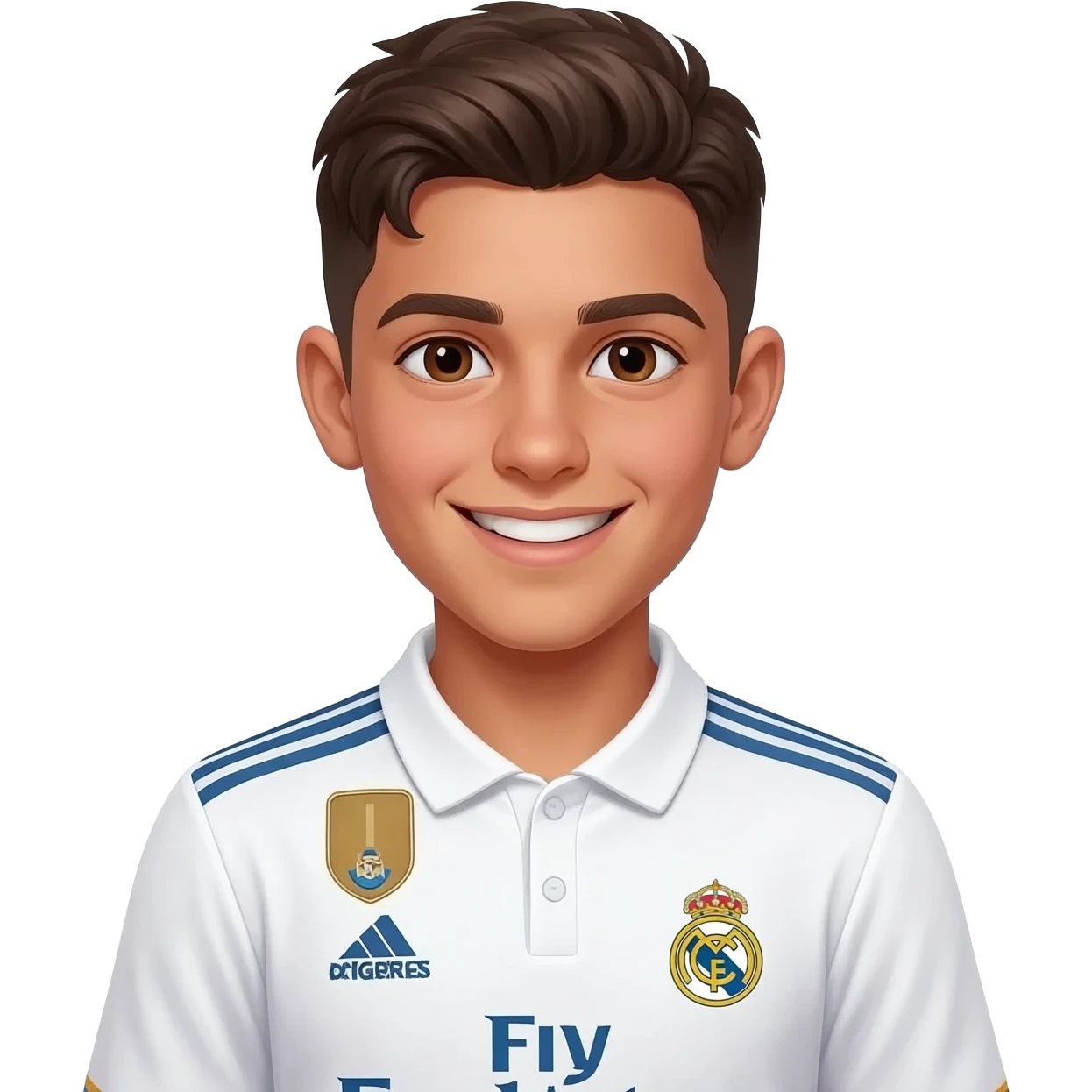 garçon métisse algérien 13 ans brun cheveux mi courts avec maillot réal Madrid emoji