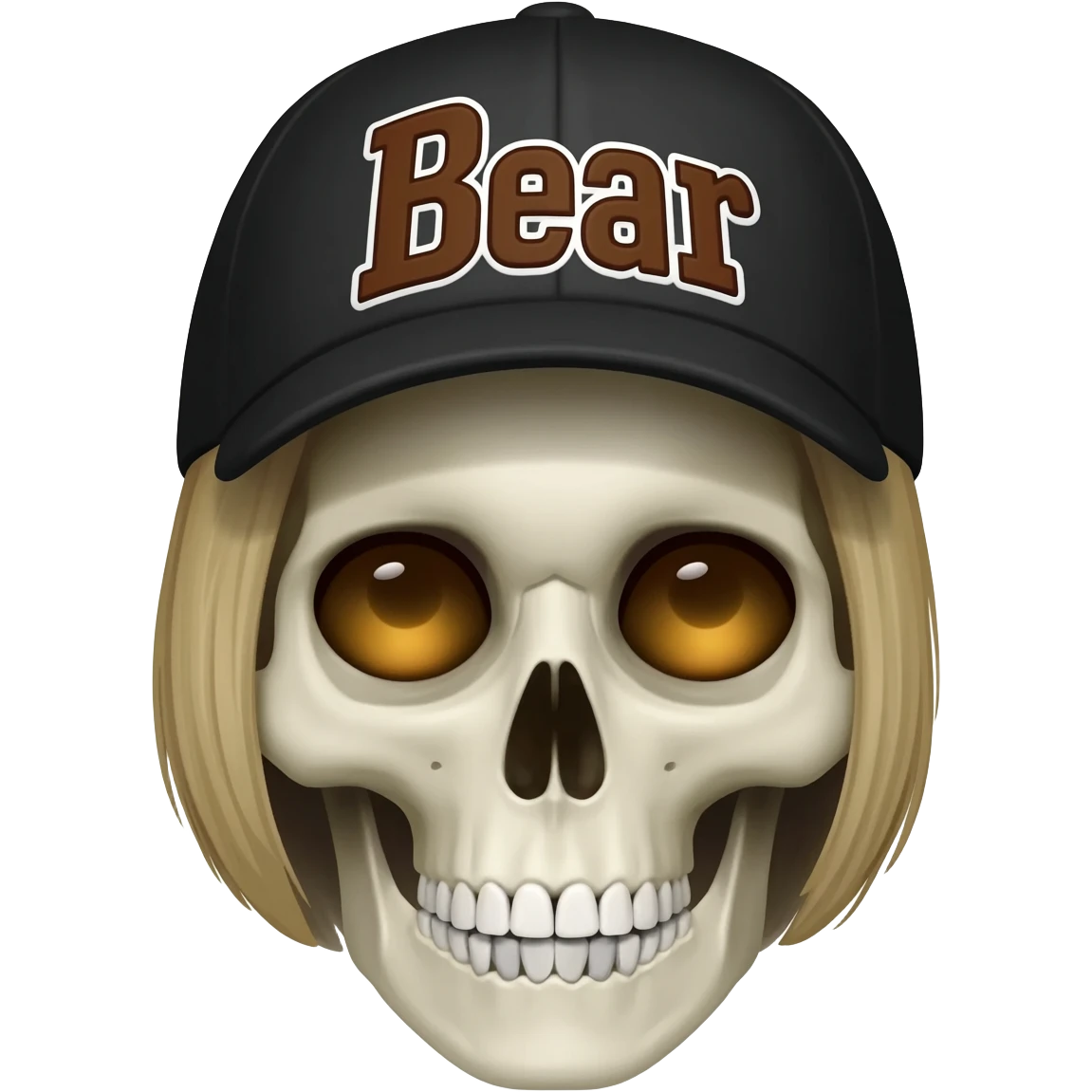 Create a skeleton head wearing a black baseball cap that says "Bear" in brown, and white lettering, with short blonde hair emoji