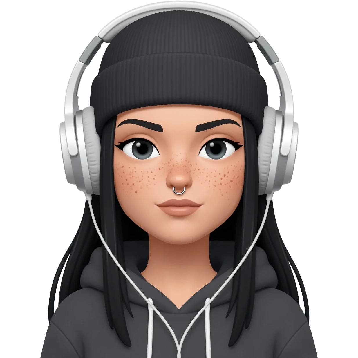 White curvy female with freckles, long straight black hair wearing a beanie and hoodie and nose ring on one nostril listening to music emoji