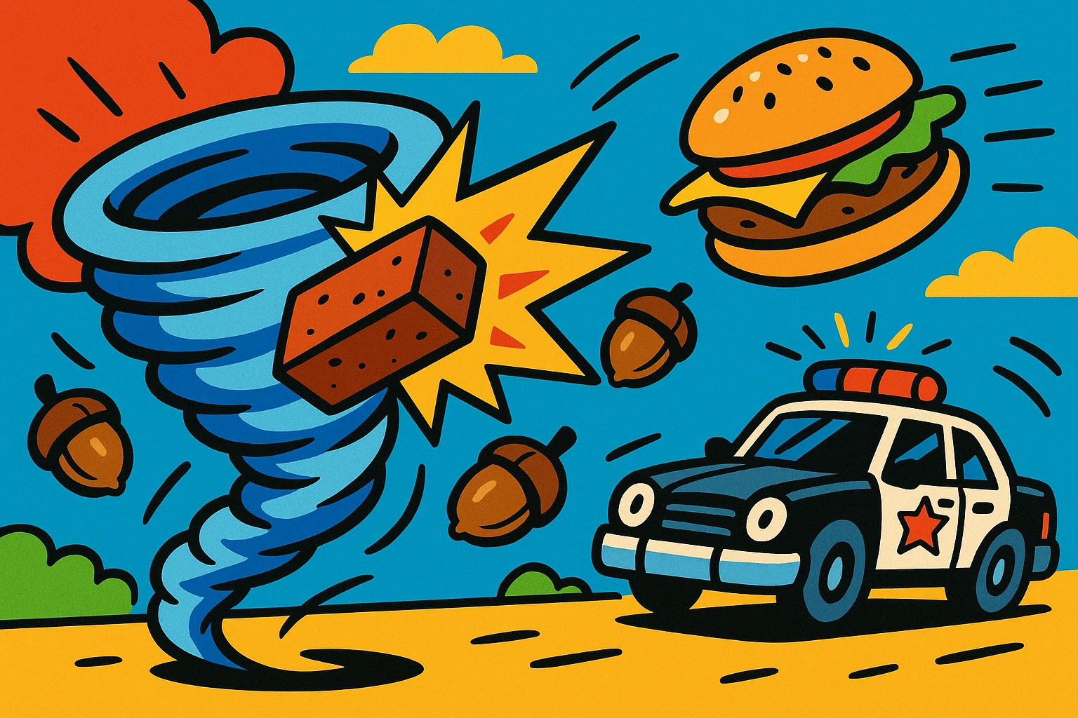 wind swirl with a brick smashing into it, a flying burger, and a police car in the background dodging acorns, colorful and dynamic style emoji
