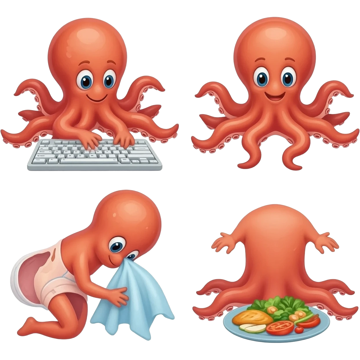une pieuvre avec un tentacule qui tape sur un clavier d'ordinateur, un autre tentacule qui change une couche, un autre tentacule qui prépare à manger emoji