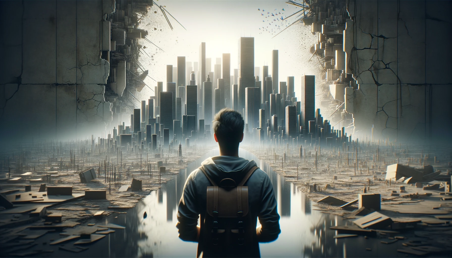 UOMO DI SPALLE DAVANTI AD UNA CITTà SMANTELLATA SENZA MURA, GUARDA LA CITTà, IPERREALISTICO 4K emoji