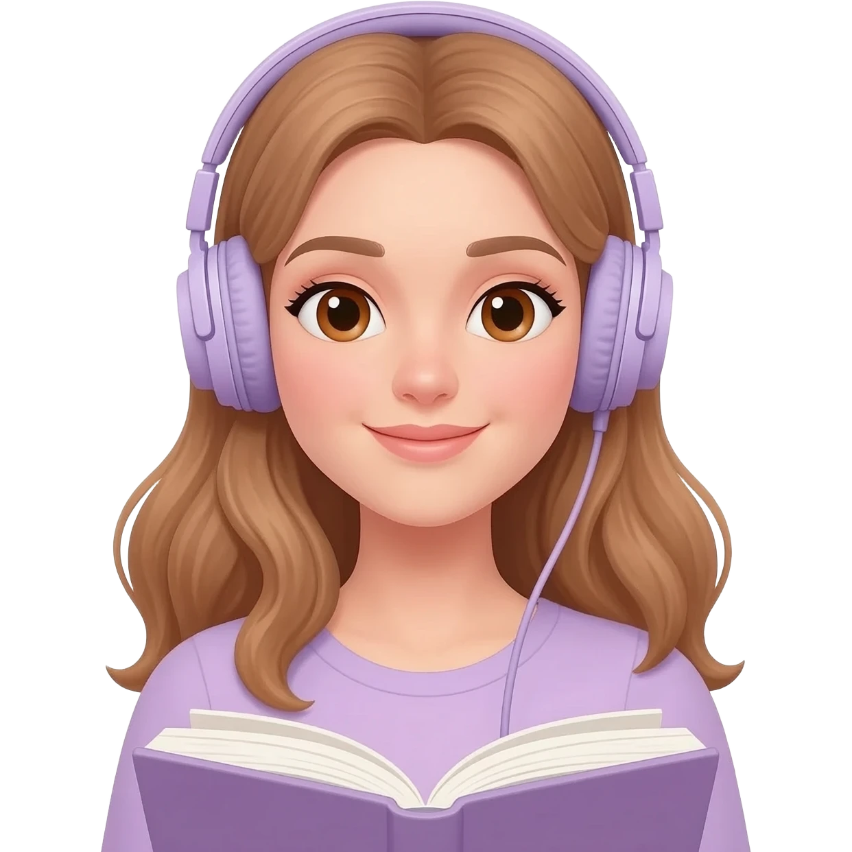 emoji a woman with long light brown wavy hair and light brown eyes reading a book, wearing pastel purple headphones emoji