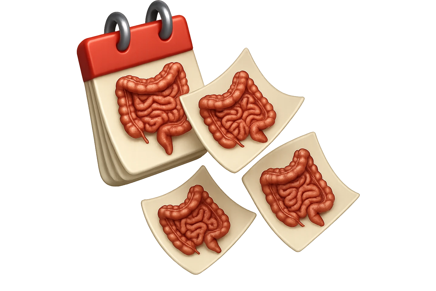 emoji stile iphone di un calendario con fogli che volano insieme, sui fogli ci sono disegnati degli intestini anatomici, iperrealistico 4k, isolato su sfondo bianco emoji